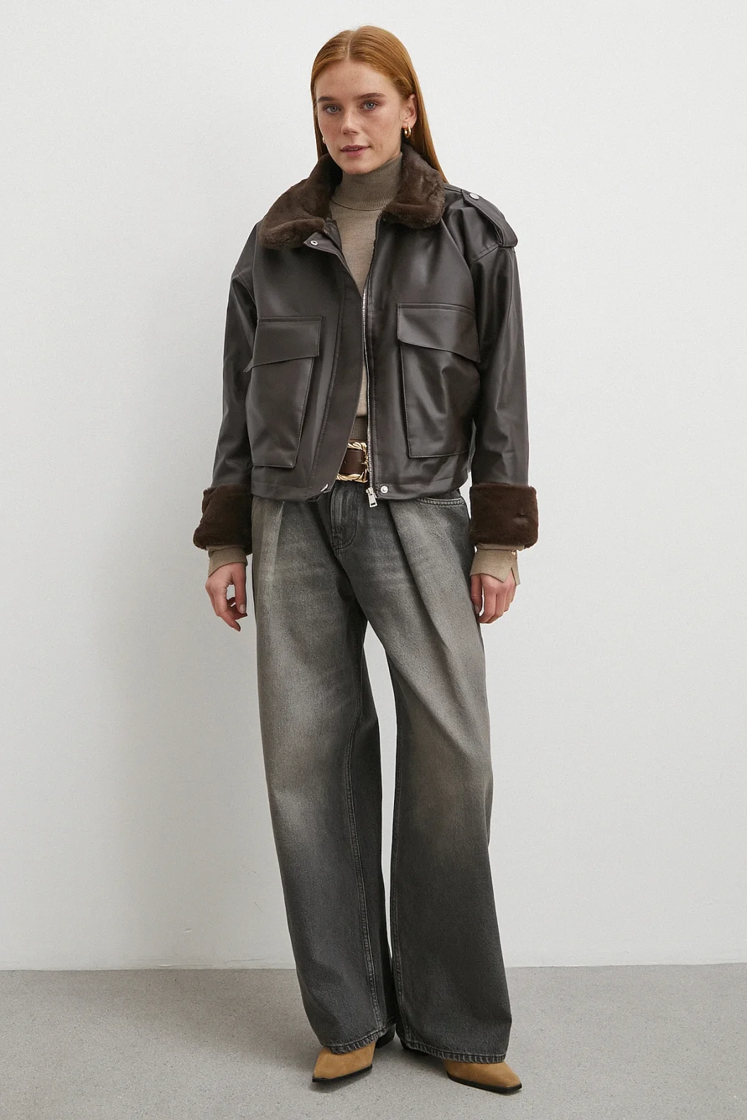 Kürk Detaylı Cepli Deri Mont Kahve