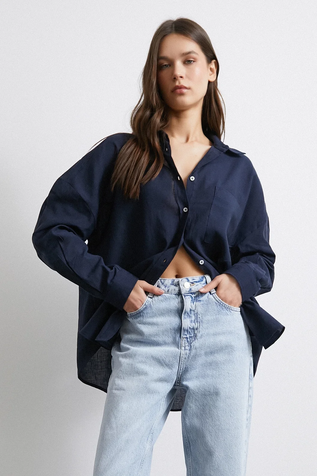 Cepli Oversize Keten Gömlek Lacivert