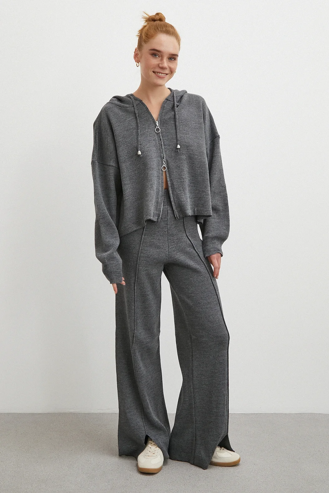 Çift Fermuarlı Kapüşonlu Pantolonlu Takım Gri