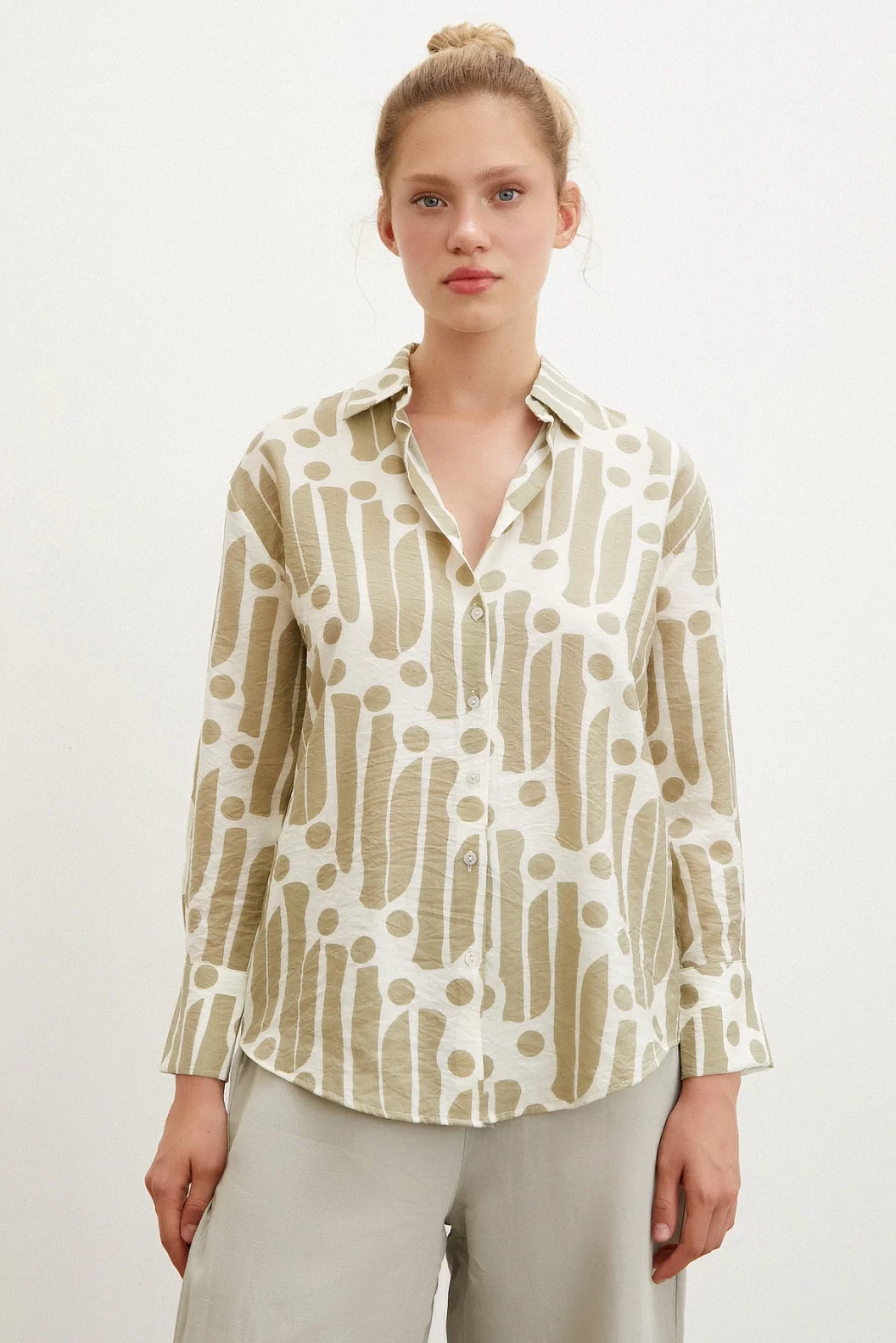 Modern Desen Modal Gömlek Haki