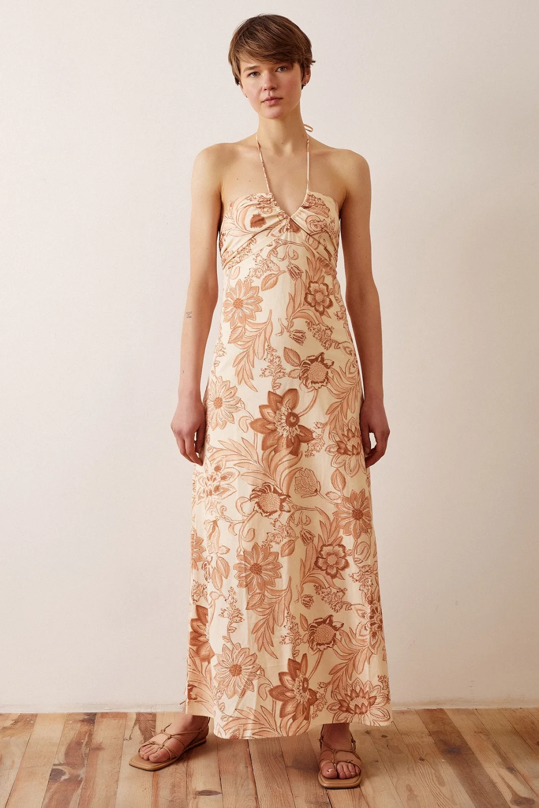 Çiçek Desenli Askılı Elbise Sarı