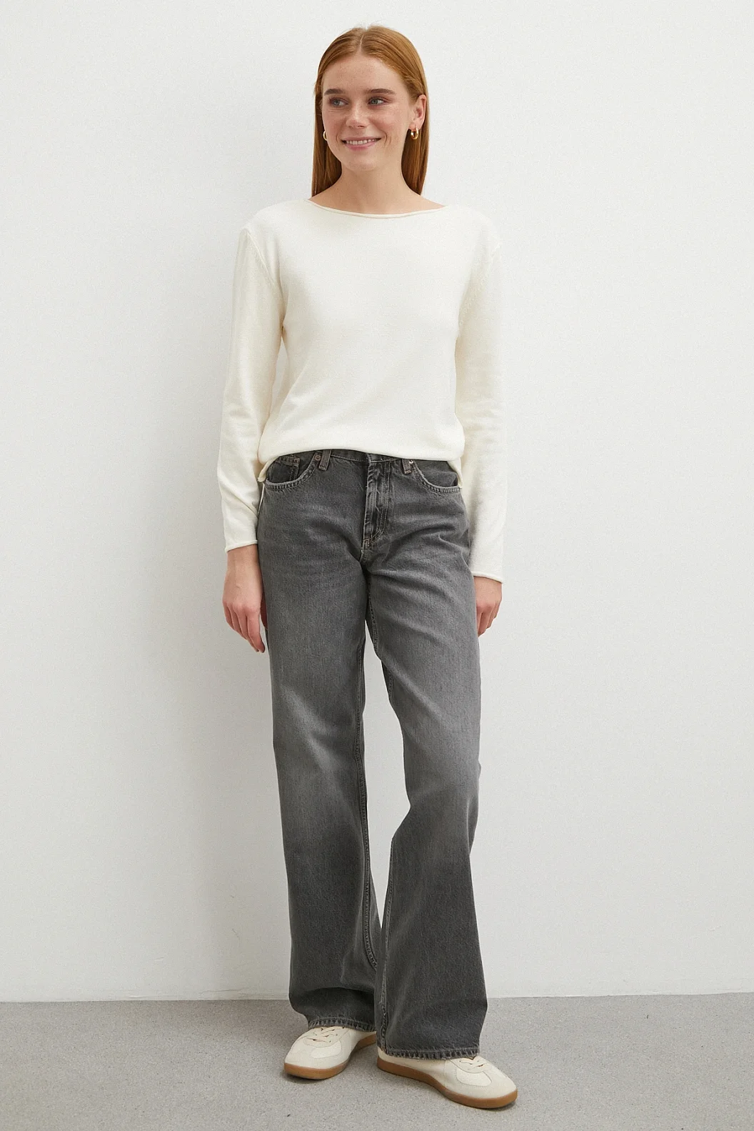 Kayık Yaka Uzun Kol Kazak Ekru