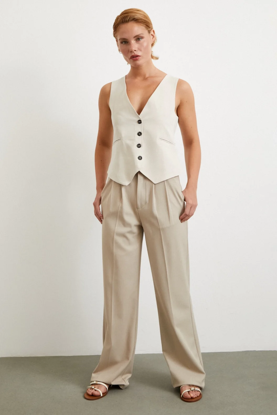 Cep Kapaklı Keten Yelek Krem