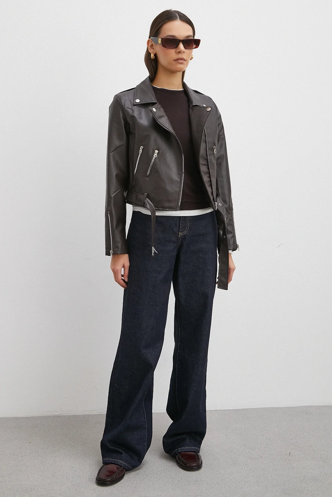 Beli Kemerli Fermuarlı Deri Ceket Kahve