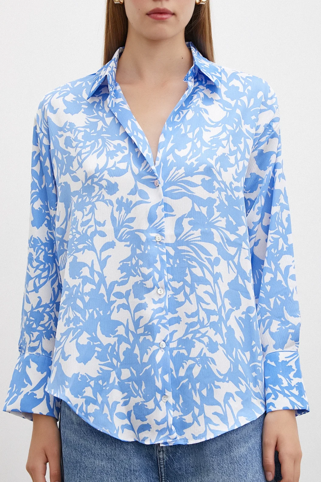 Patterned Waffle Satin Shirt Light Blue