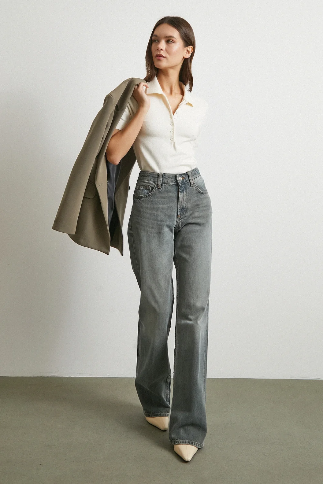 Beş Cepli Yüksek Bel Jean Füme