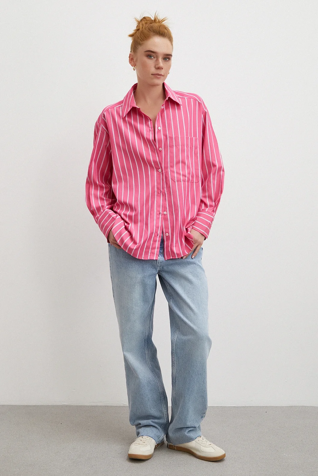 Çizgili Poplin Gömlek Pembe