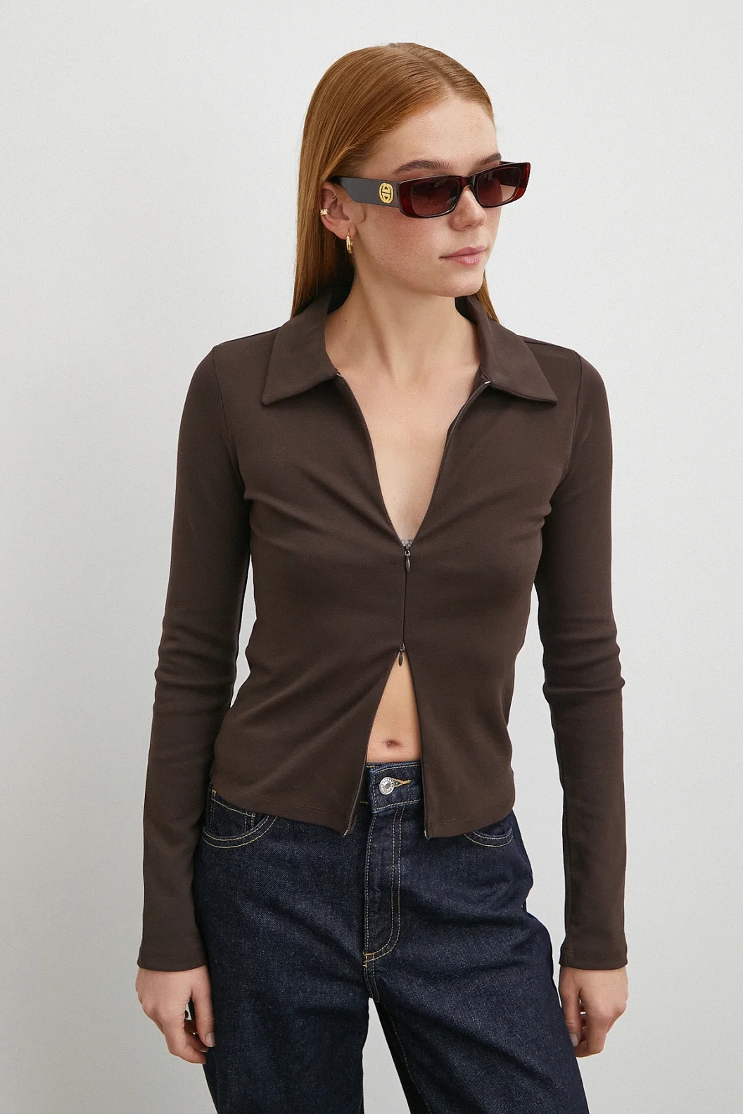 Yakalı Çift Fermuarlı Bluz Kahve