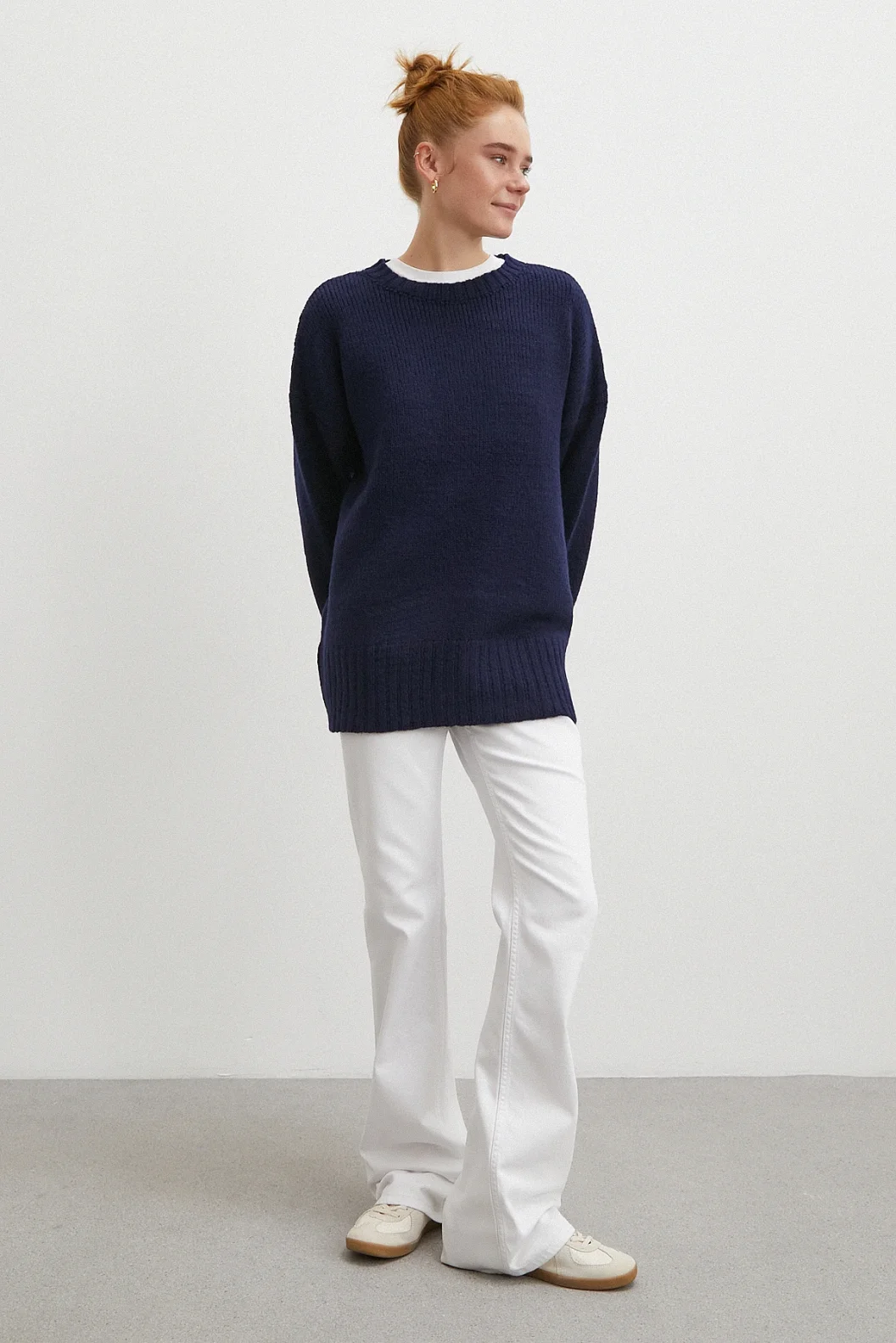 Bisiklet Yaka Fitilli Triko Kazak Lacivert