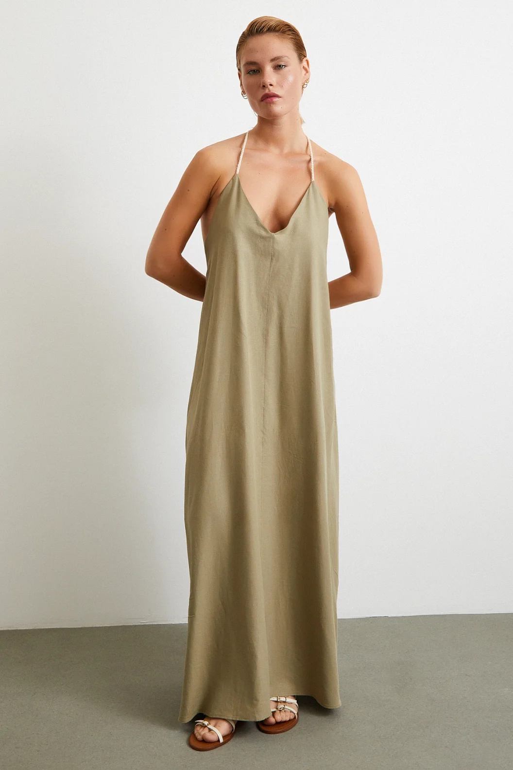 İp Askılı Keten Elbise Haki