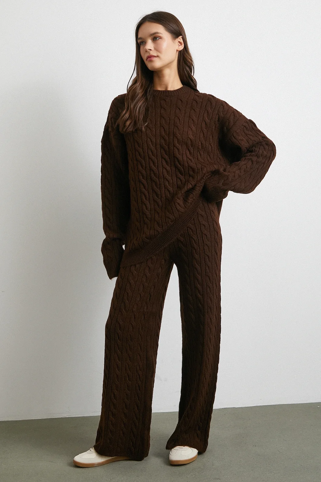 Desenli Şardonlu Triko Takım Kahve