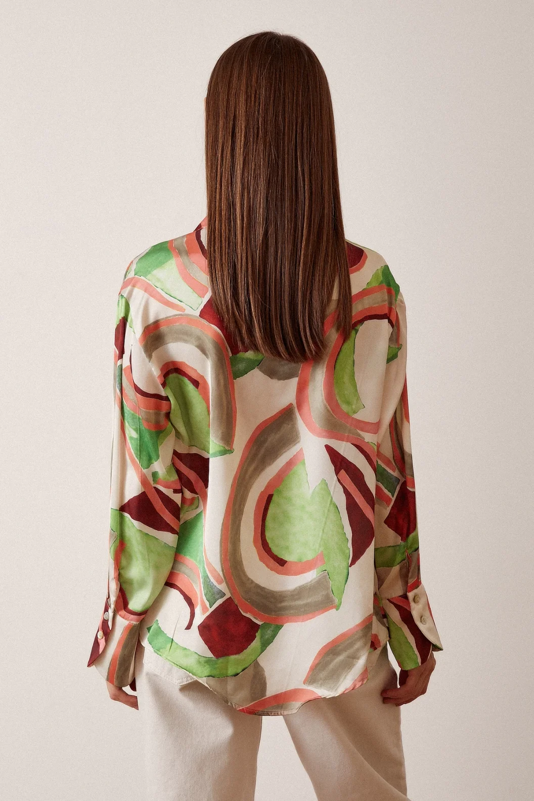 V Neck Patterned Satin Shirt Mint