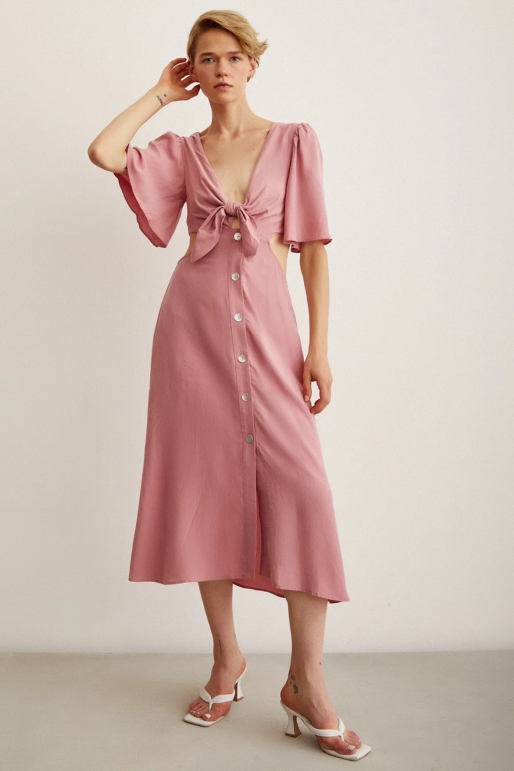 Önü Bağlamalı Balon Omuz Elbise Gül Kurusu