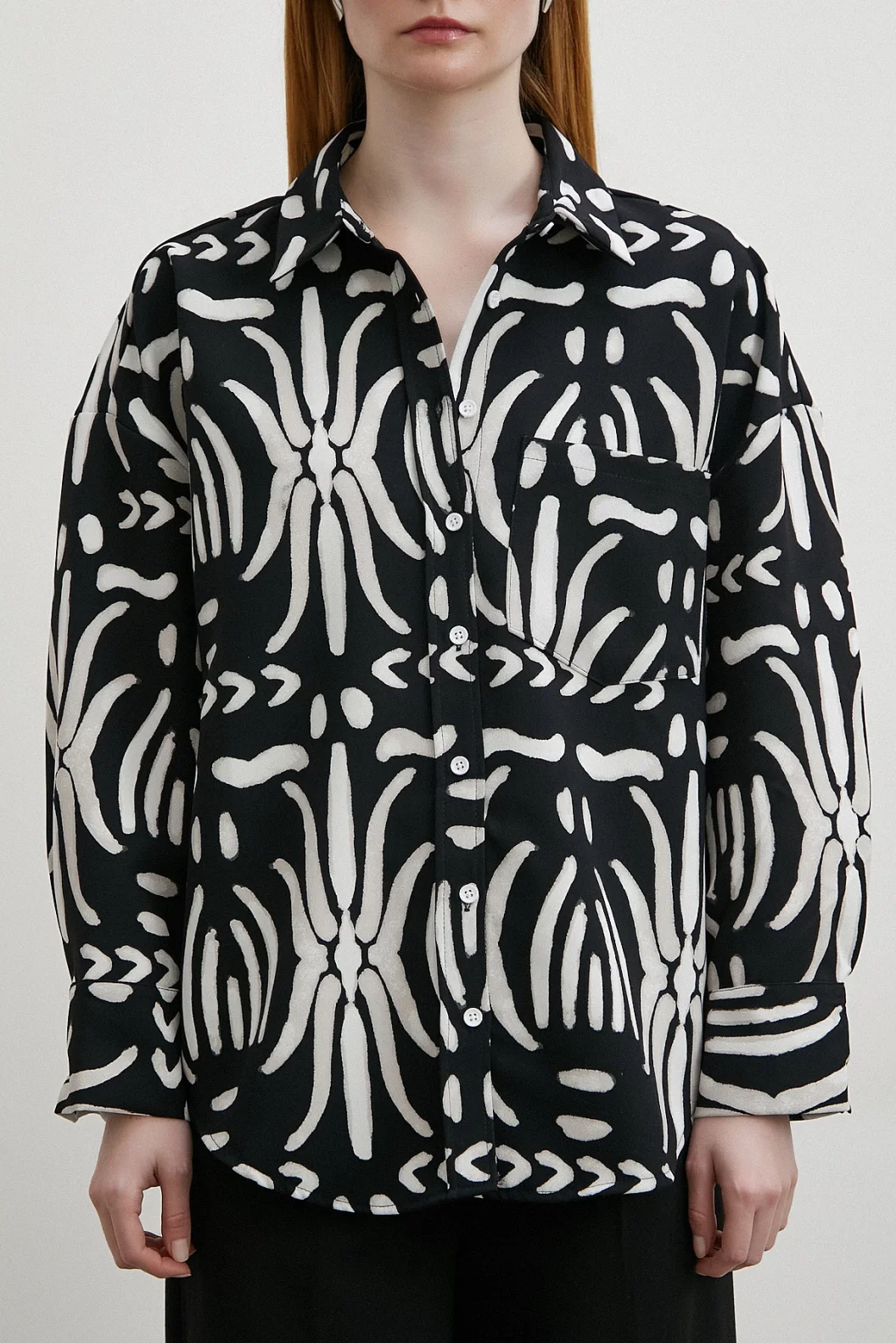 Contrast Ethnic Pattern Crepe Shirt Black