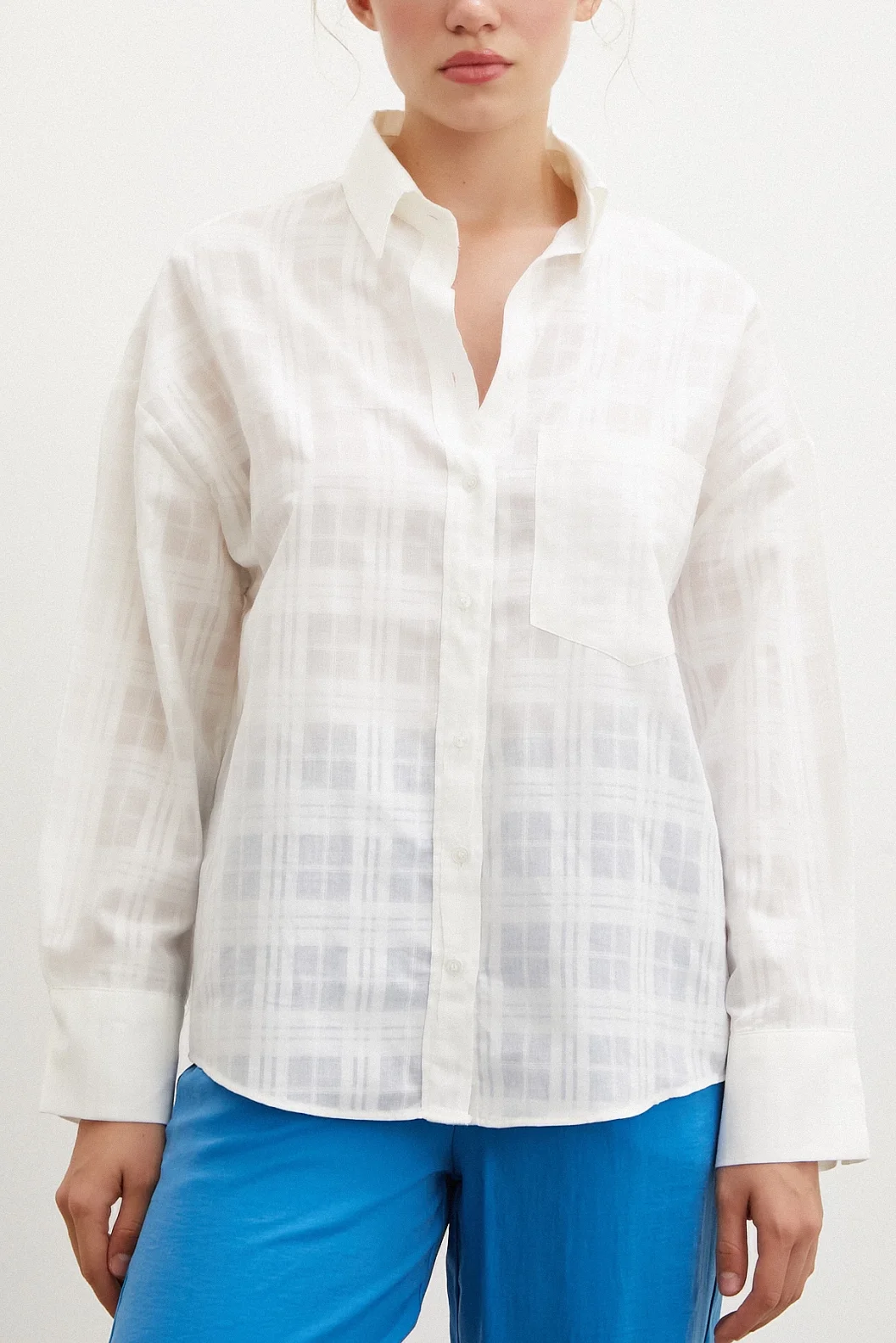 Kariertes Popeline-Hemd Weiß