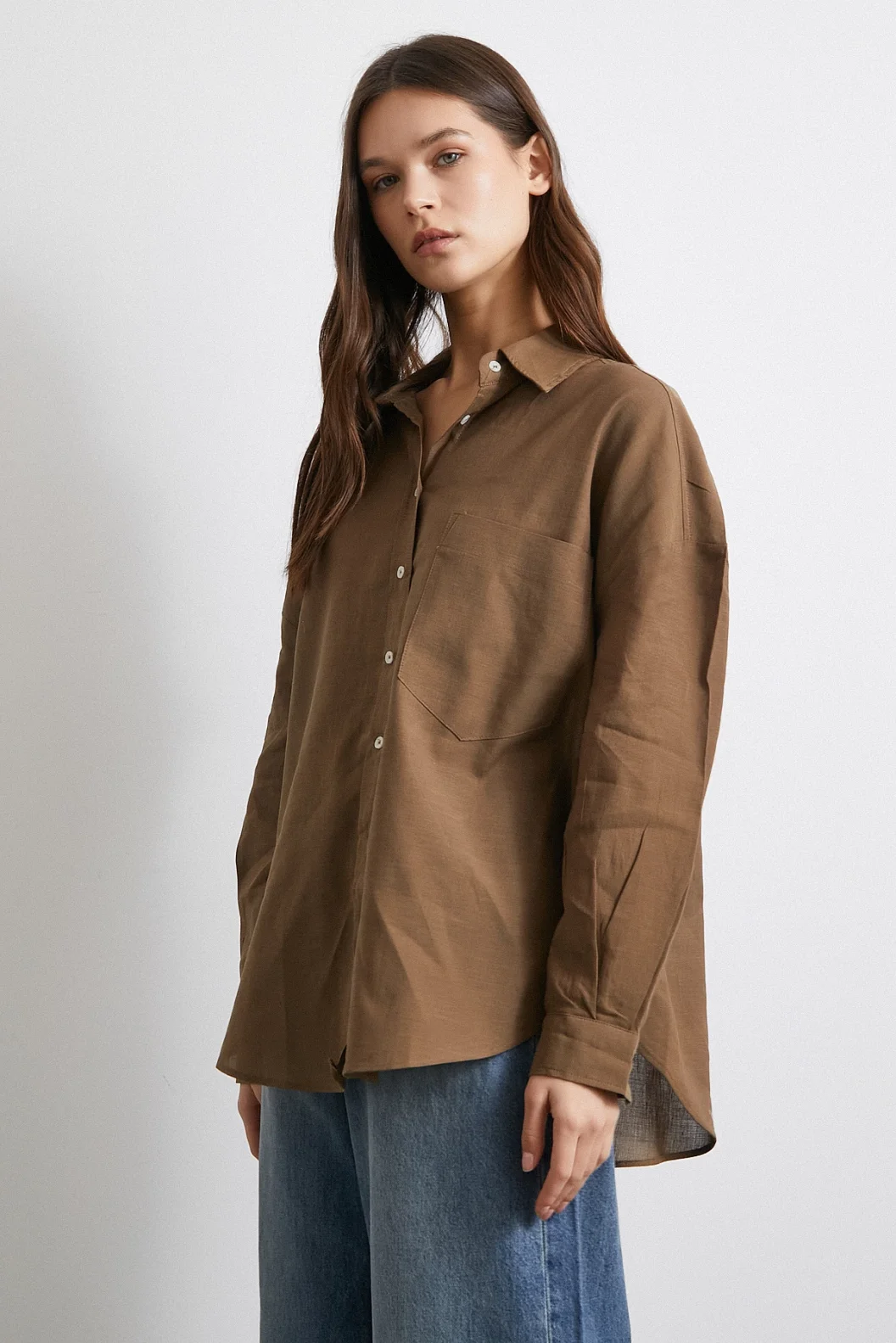 Cepli Oversize Keten Gömlek Kahve