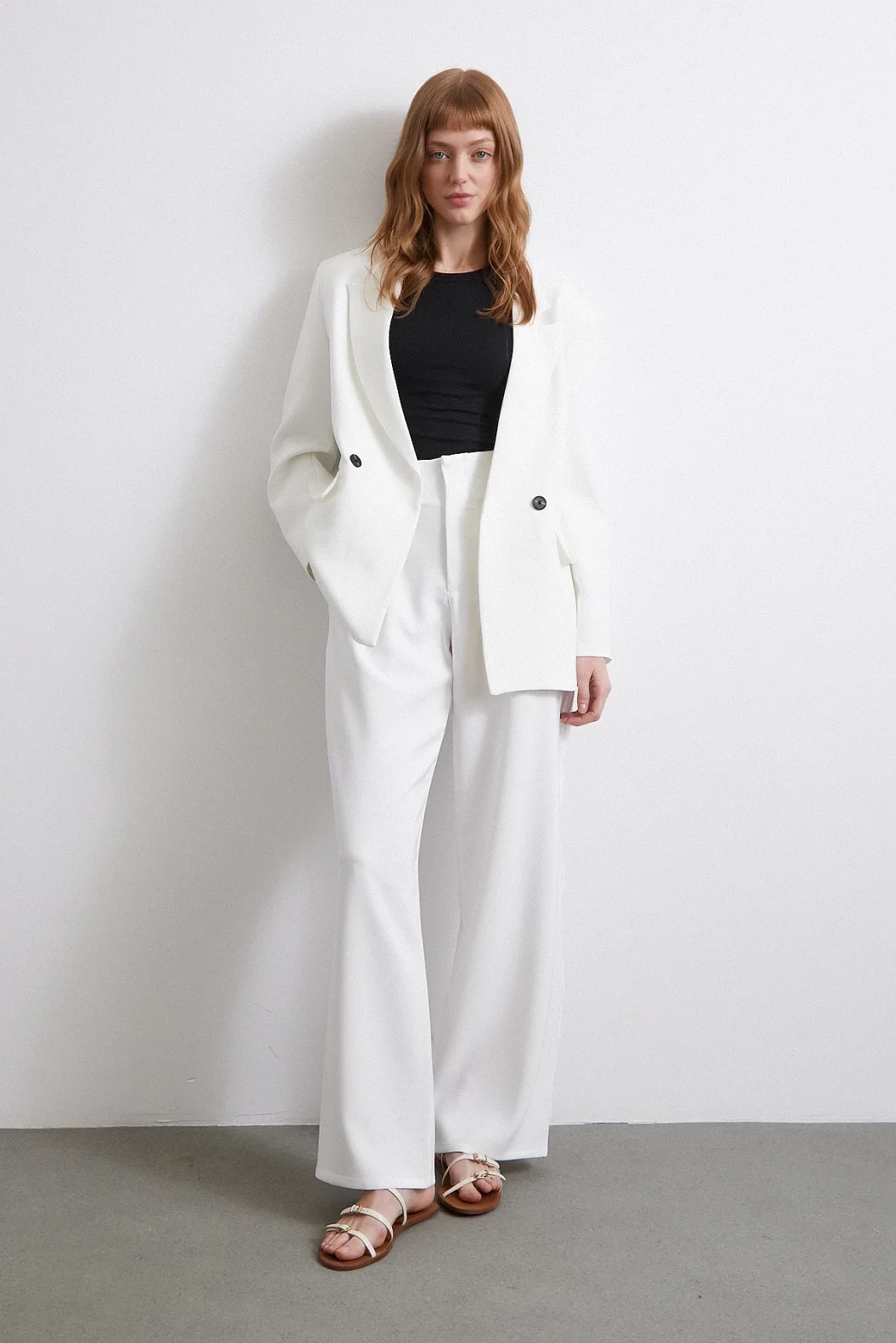 Bel Detaylı Wide Leg Pantolon Ekru