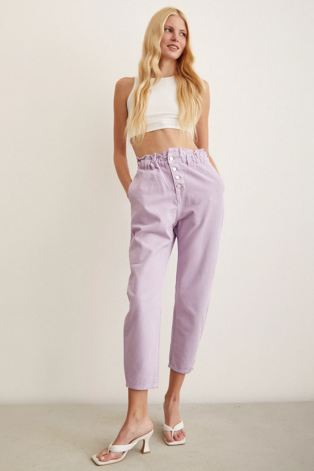 Gürtelli Düğme Kapalı Boyfriend Pantolon Mor