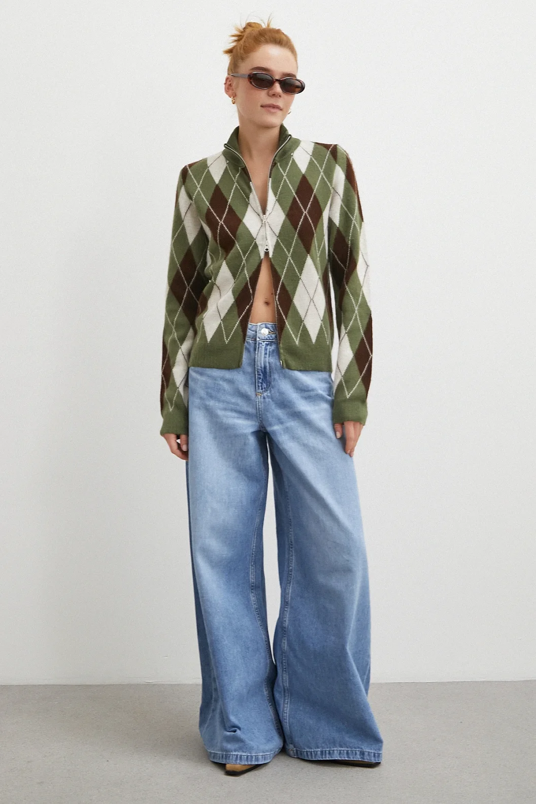 Fermuarlı Baklava Desen Kazak Yeşil