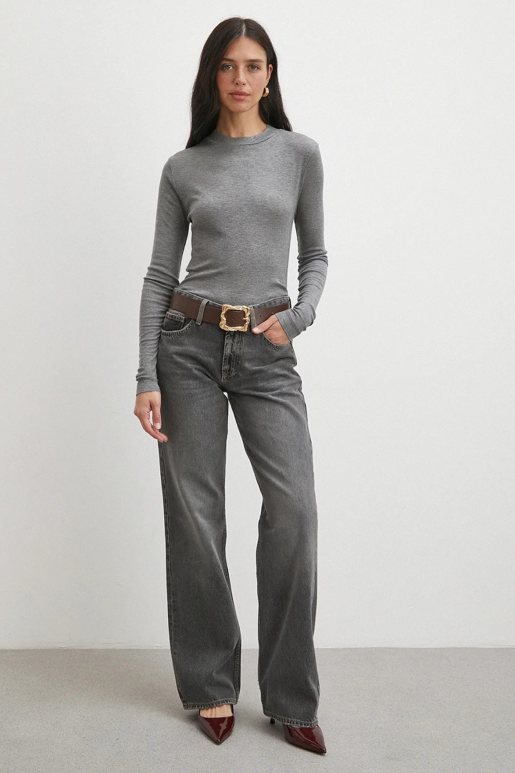 Bisiklet Yaka Uzun  Kol Bluz Gri