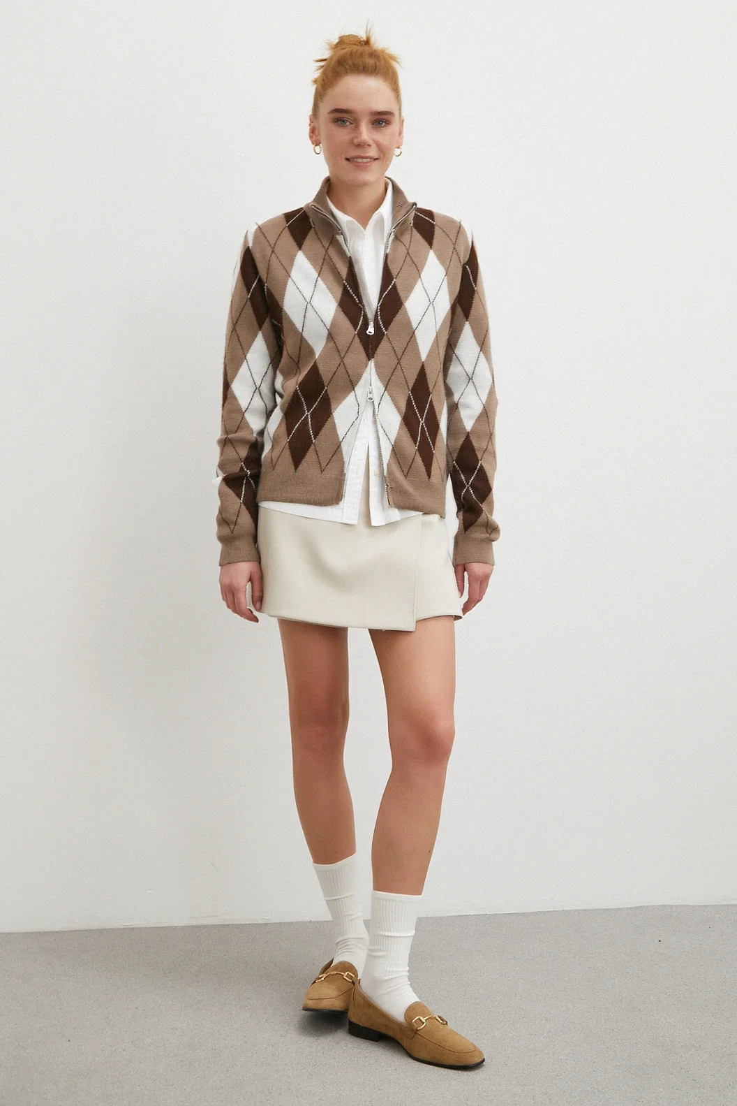 Fermuarlı Baklava Desen Kazak Kahve