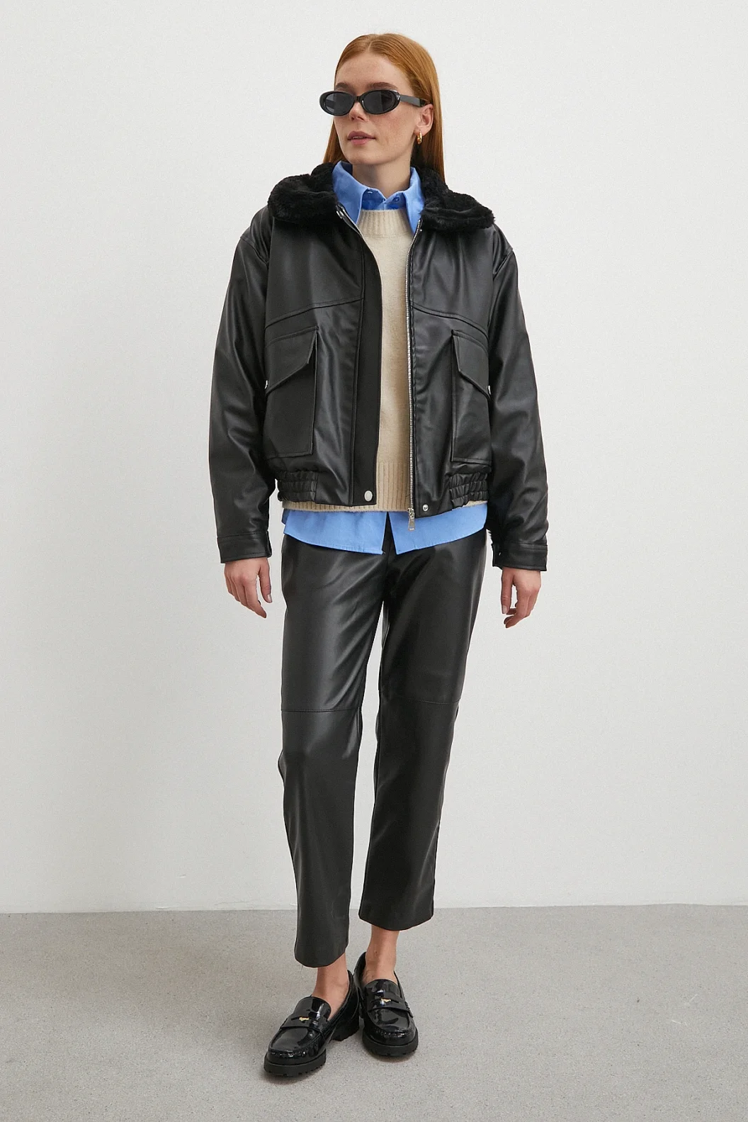 Peluş Astar Detaylı Deri Mont Siyah