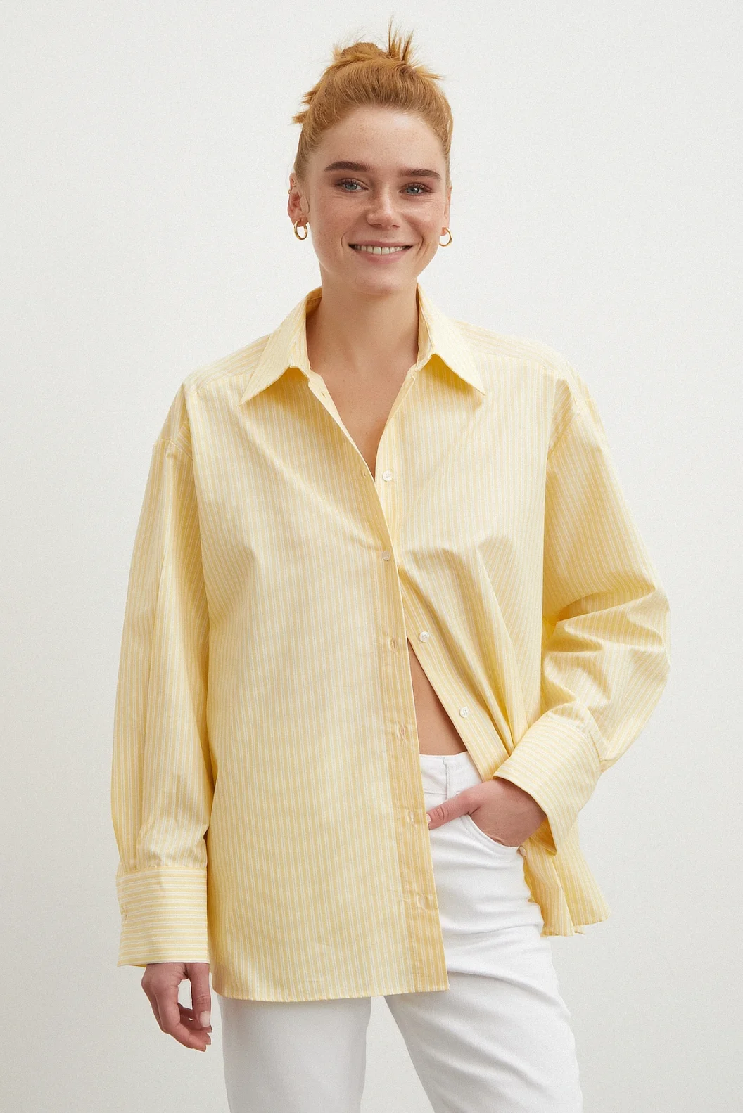 Cepli Çizgili Poplin Gömlek Sarı