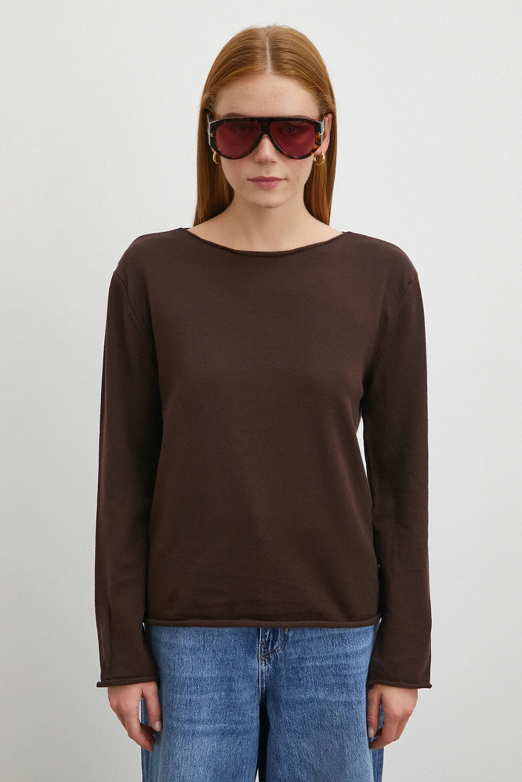 Kayık Yaka Uzun Kol Kazak Kahve