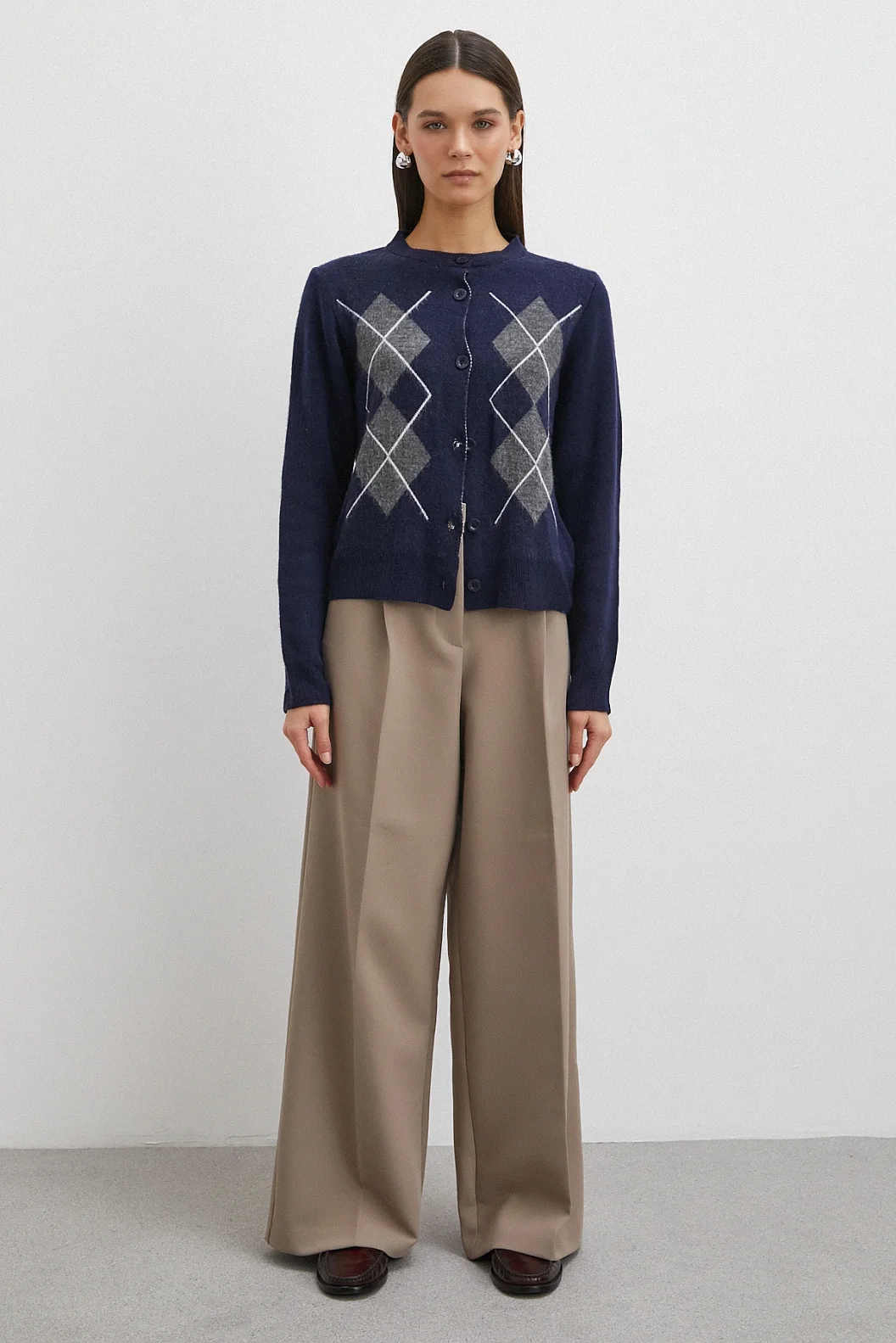 Düğmeli Baklava Desenli Hırka Lacivert