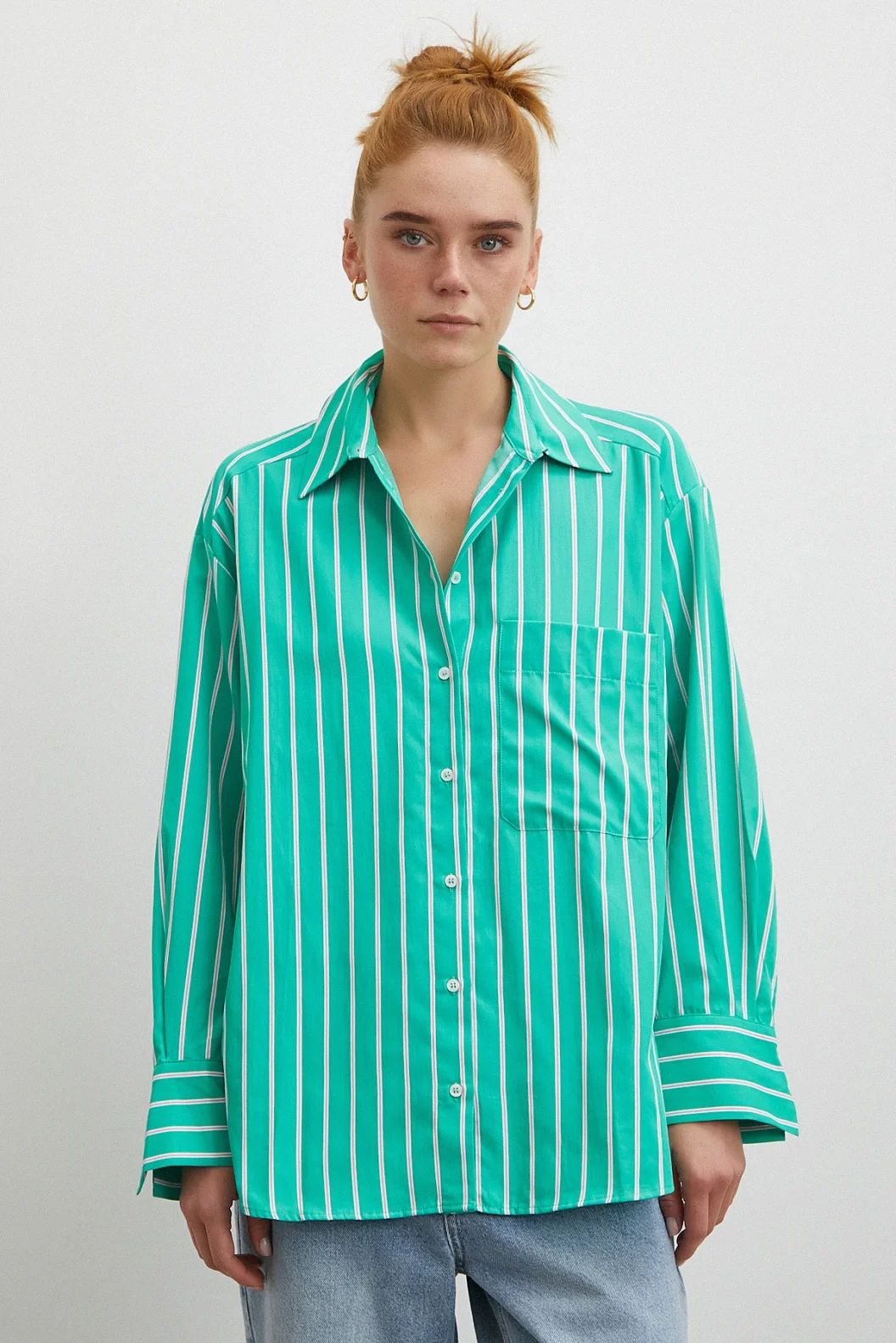 Çizgili Poplin Gömlek Yeşil