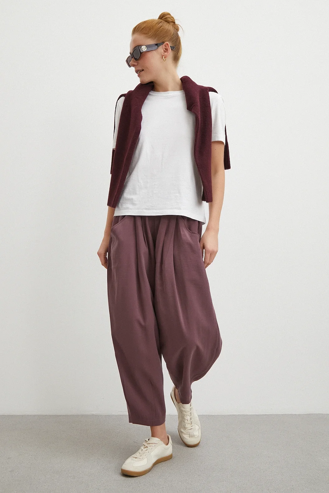 Bağcıklı Beli Lastikli Pileli Pantolon Mürdüm