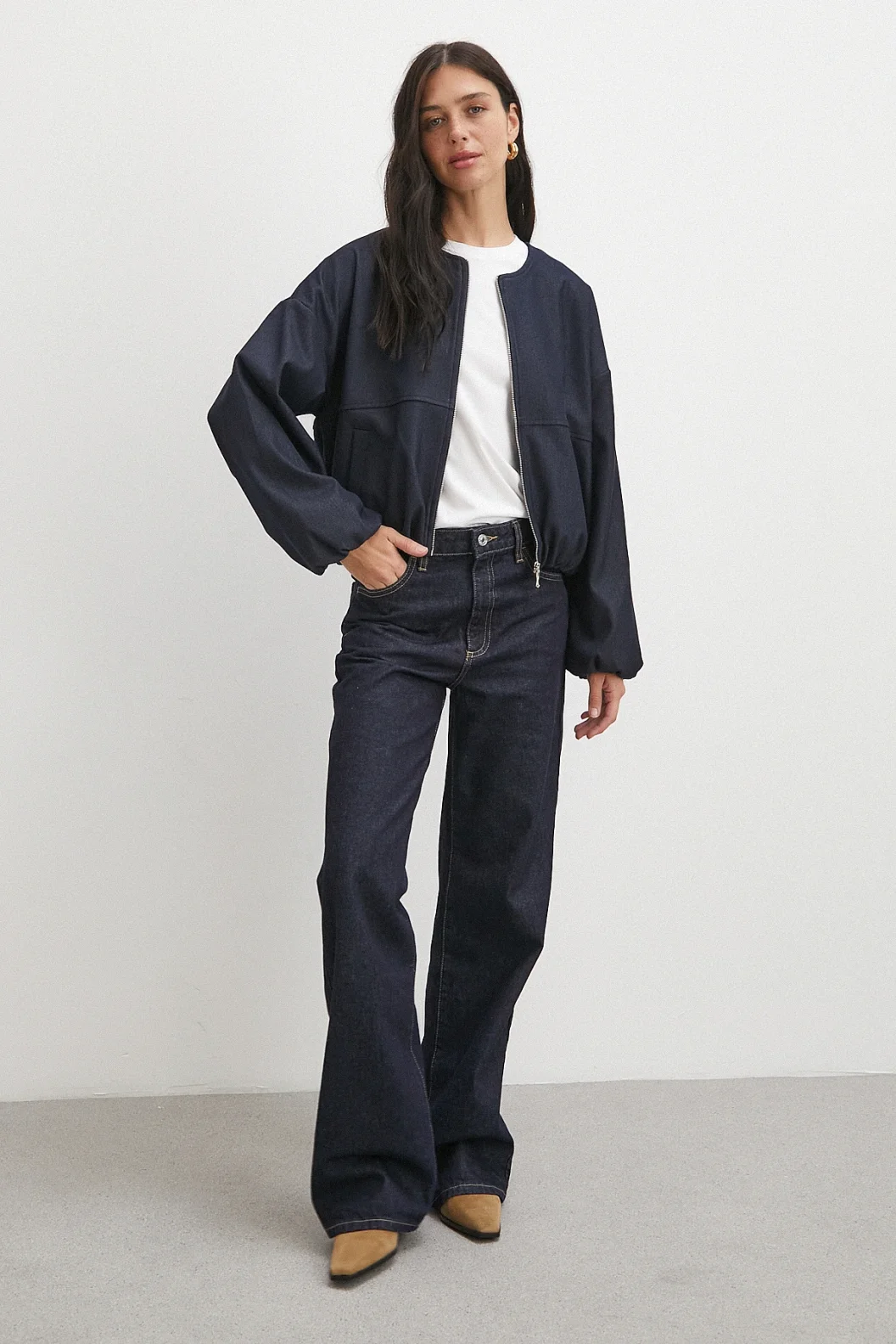 Beli Lastikli Fermuarlı Denim Görünümlü Bomber Ceket Lacivert