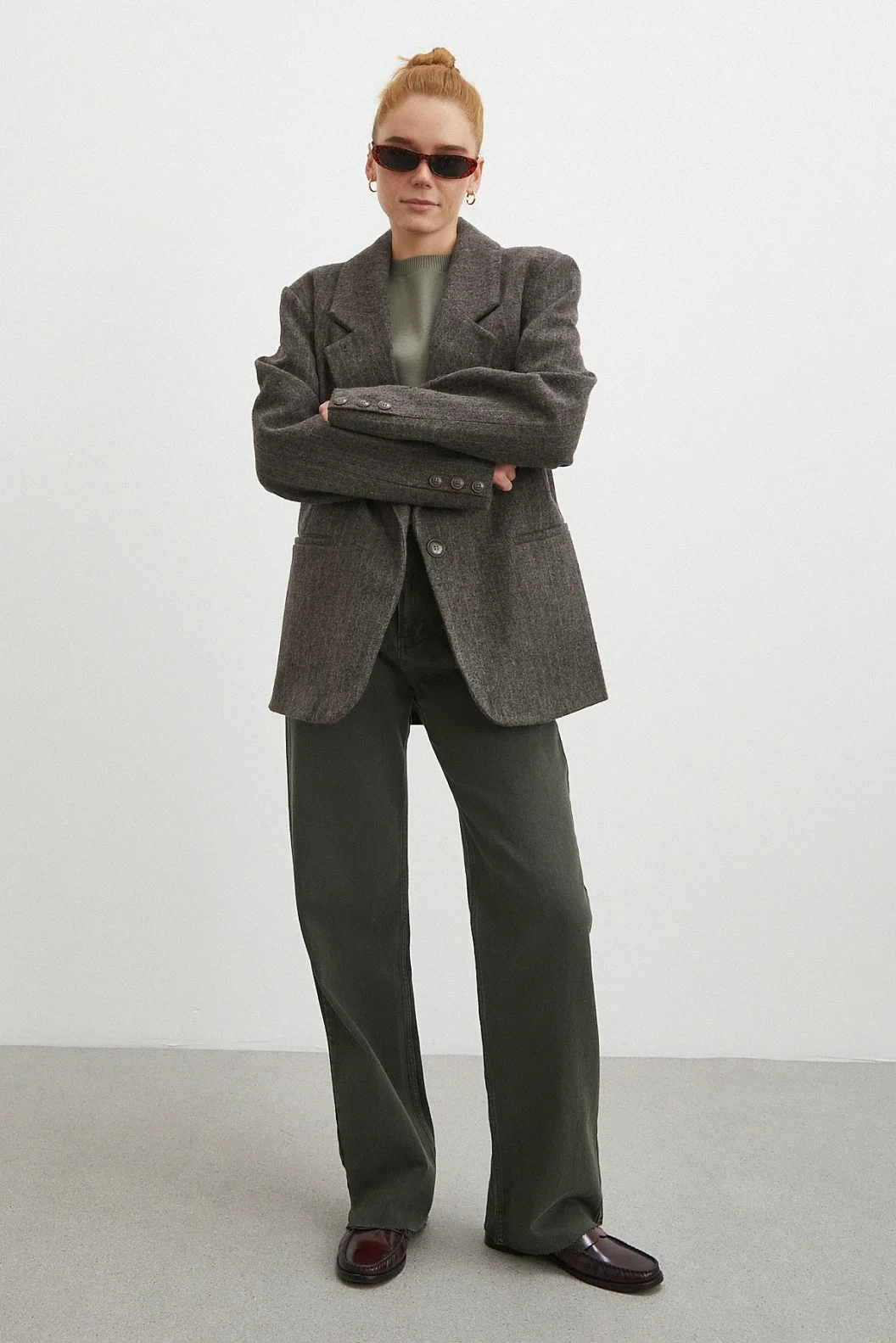 Yüksek Bel Kesik Boru Paça Jean Yeşil