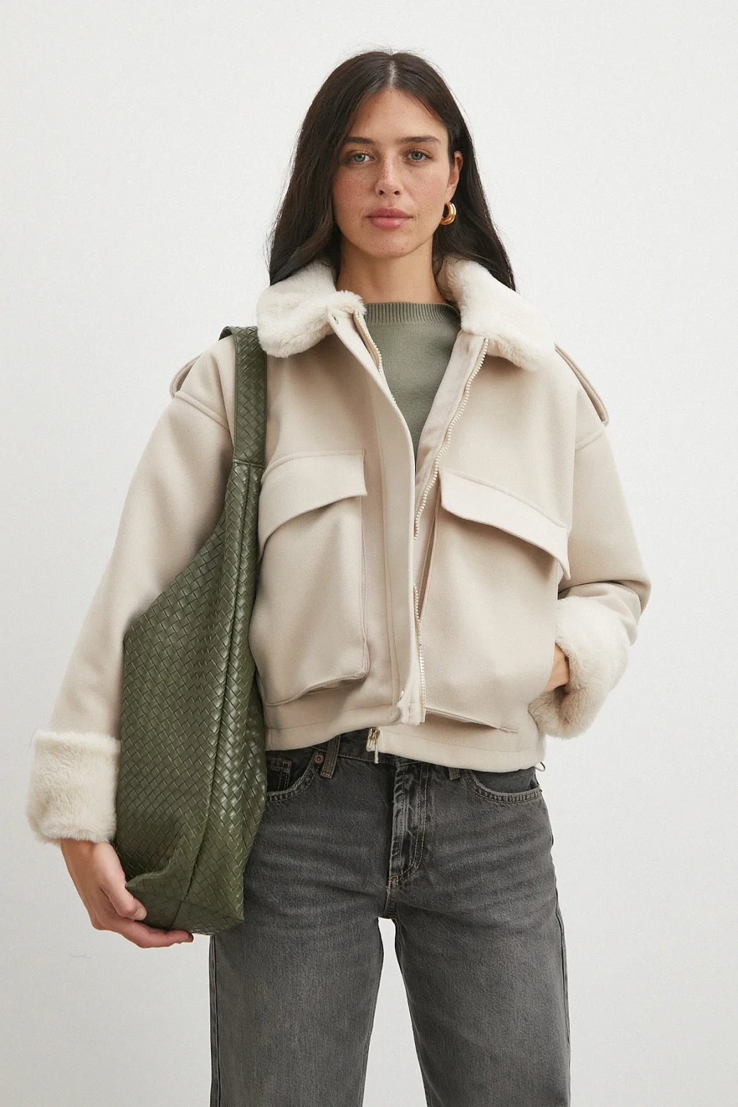 Apoletli Yünlü Körük Cepli Kaşe Mont Bej