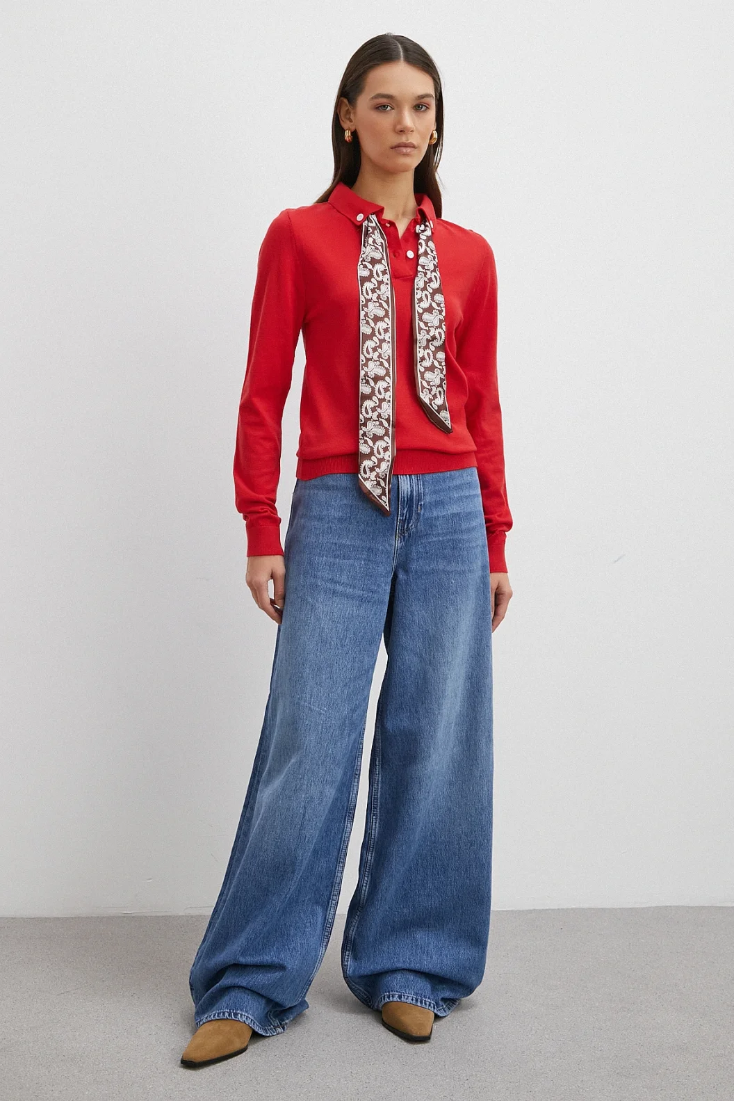 Fularlı Polo Yaka Kazak Kırmızı