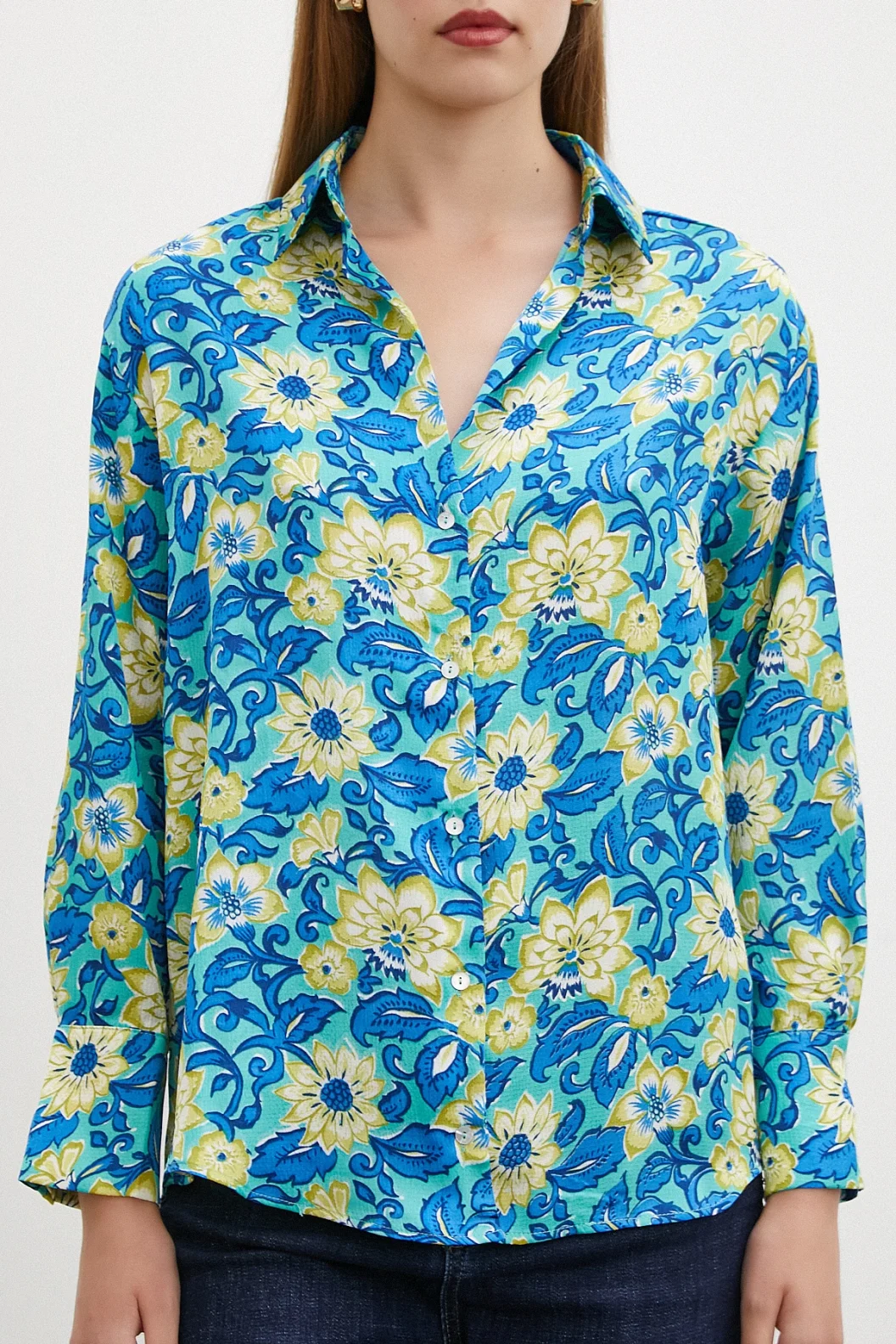 قميص بنقشة لوتس أزرق