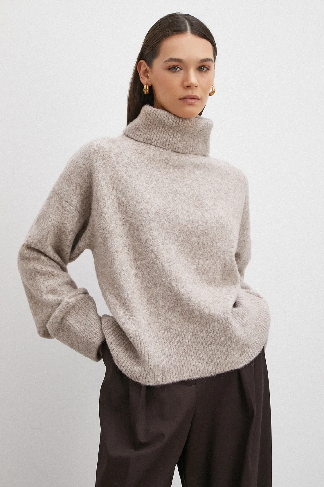 Balıkçı Yaka Uzun Kollu Kazak Gri