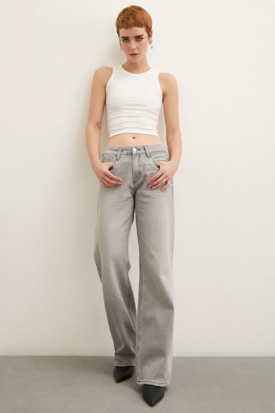 Stone Detailed High Waisted Wide Leg Jeans Smoke
