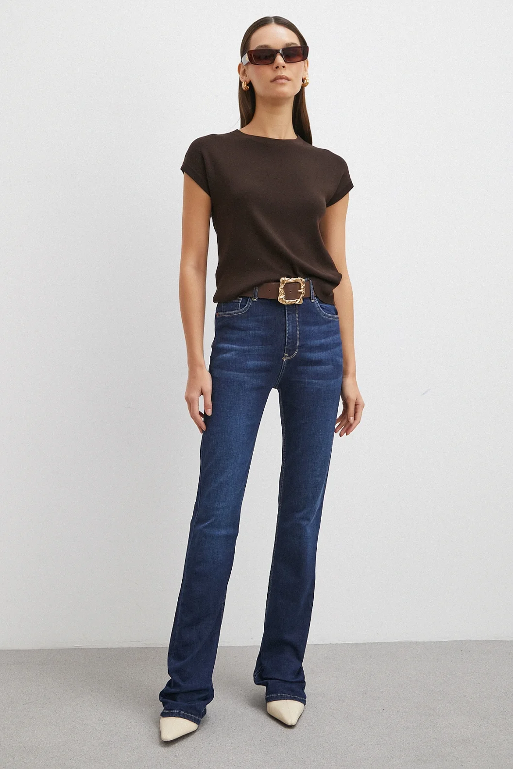 Yüksek Bel Likralı İspanyol Paça Jean Lacivert