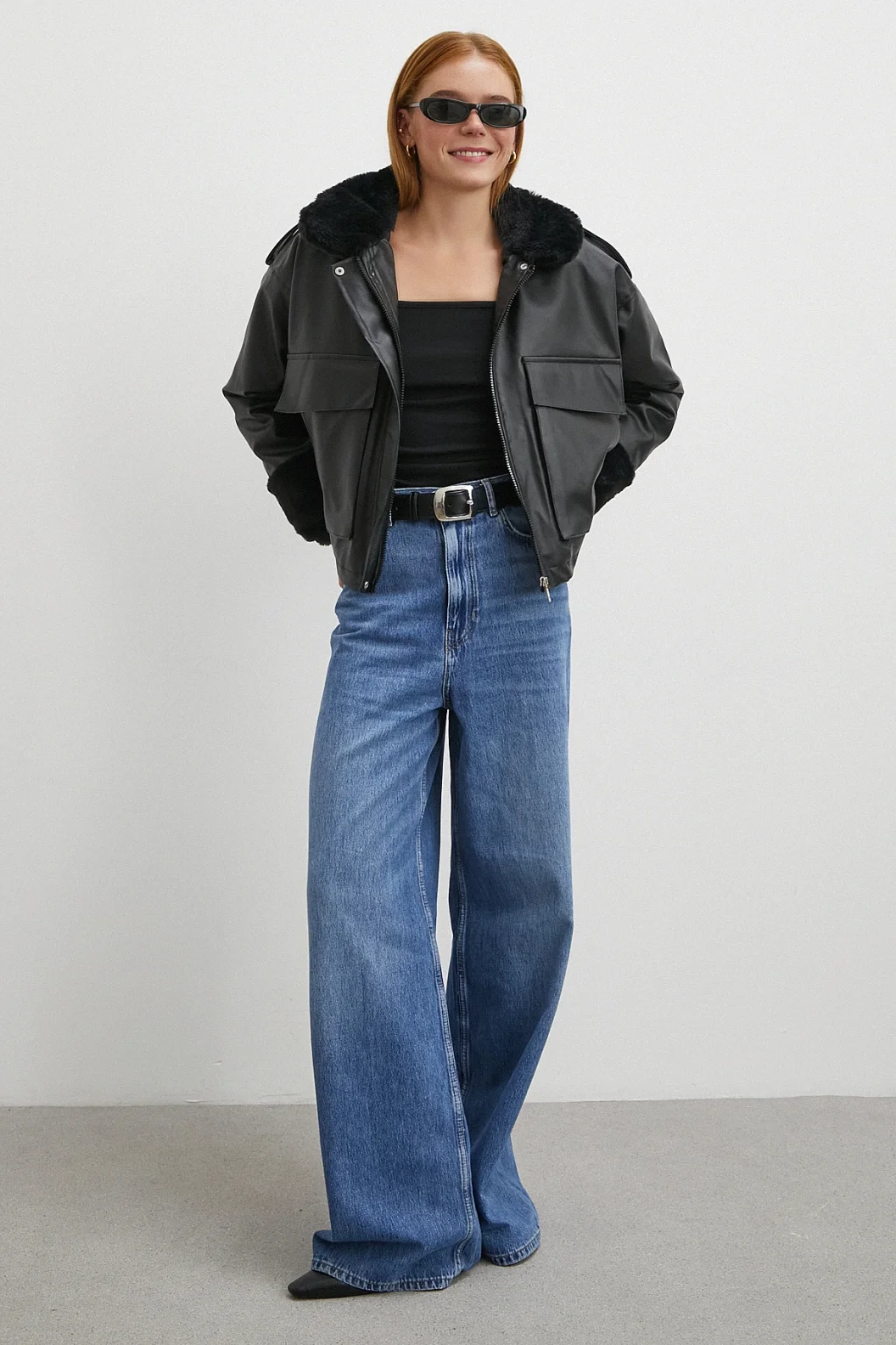 Kürk Detaylı Cepli Deri Mont Siyah