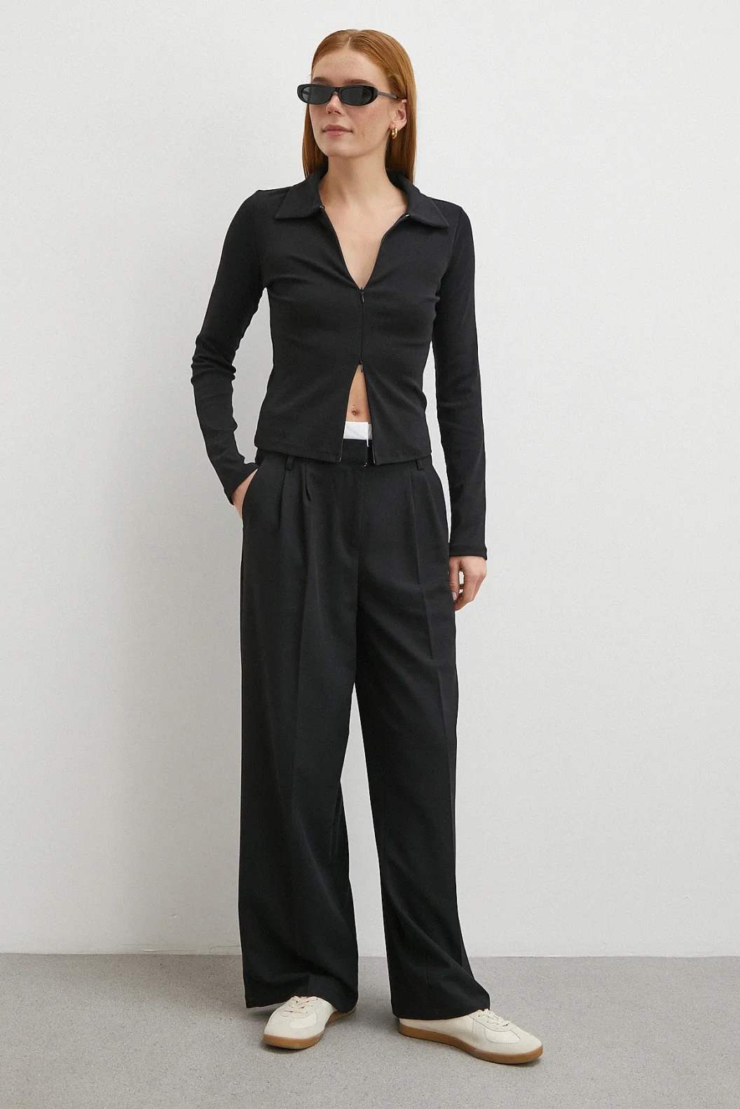 Yakalı Çift Fermuarlı Bluz Siyah