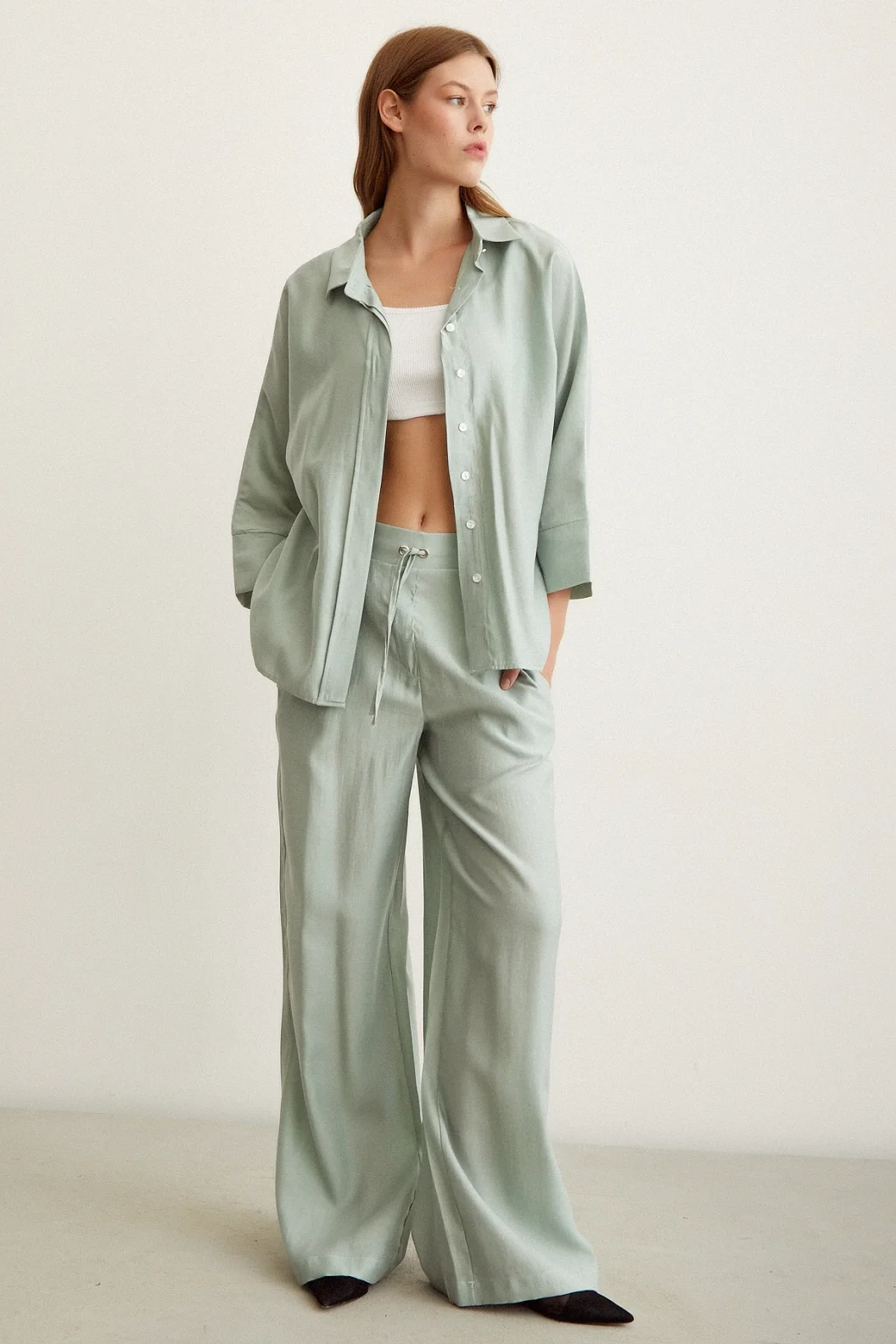 Bat Sleeve Linen Shirt Mint