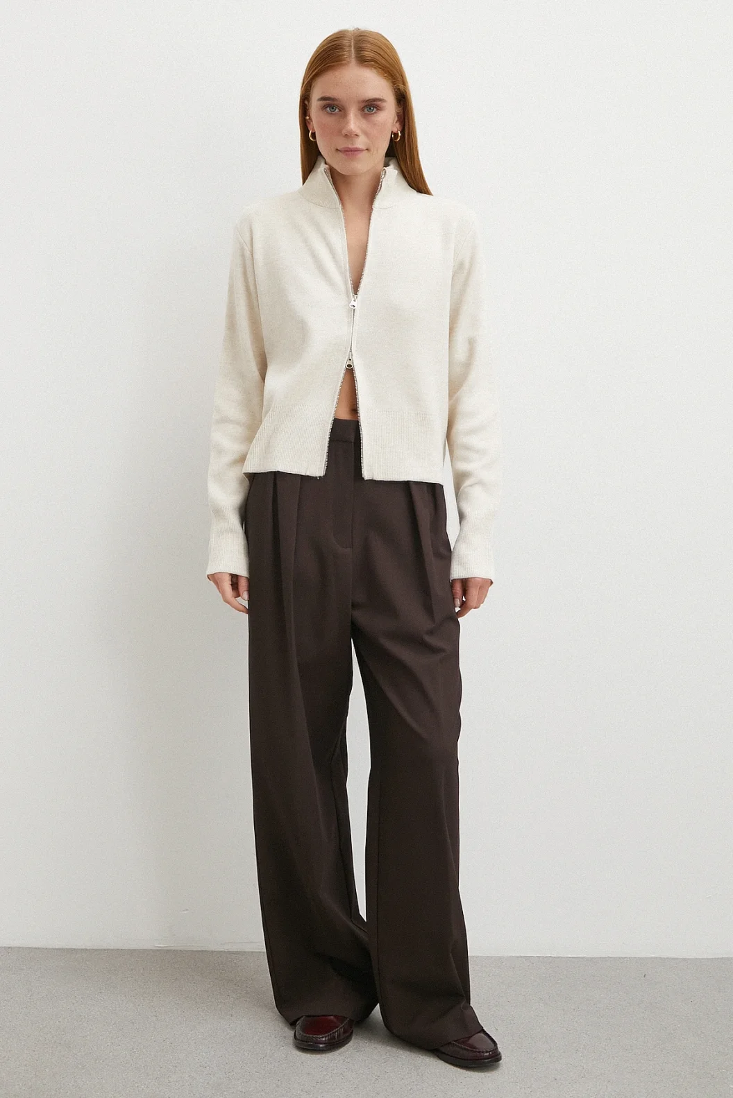 Çift Fermuarlı Triko Hırka Ekru