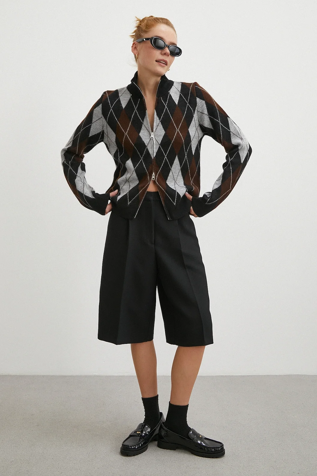 Fermuarlı Baklava Desen Kazak Siyah