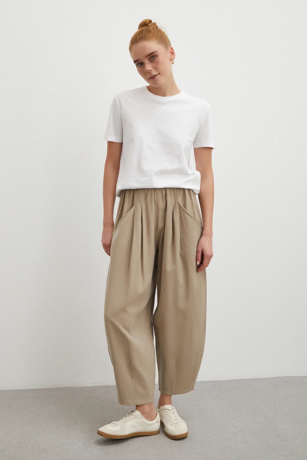 Bağcıklı Beli Lastikli Pileli Pantolon Taş