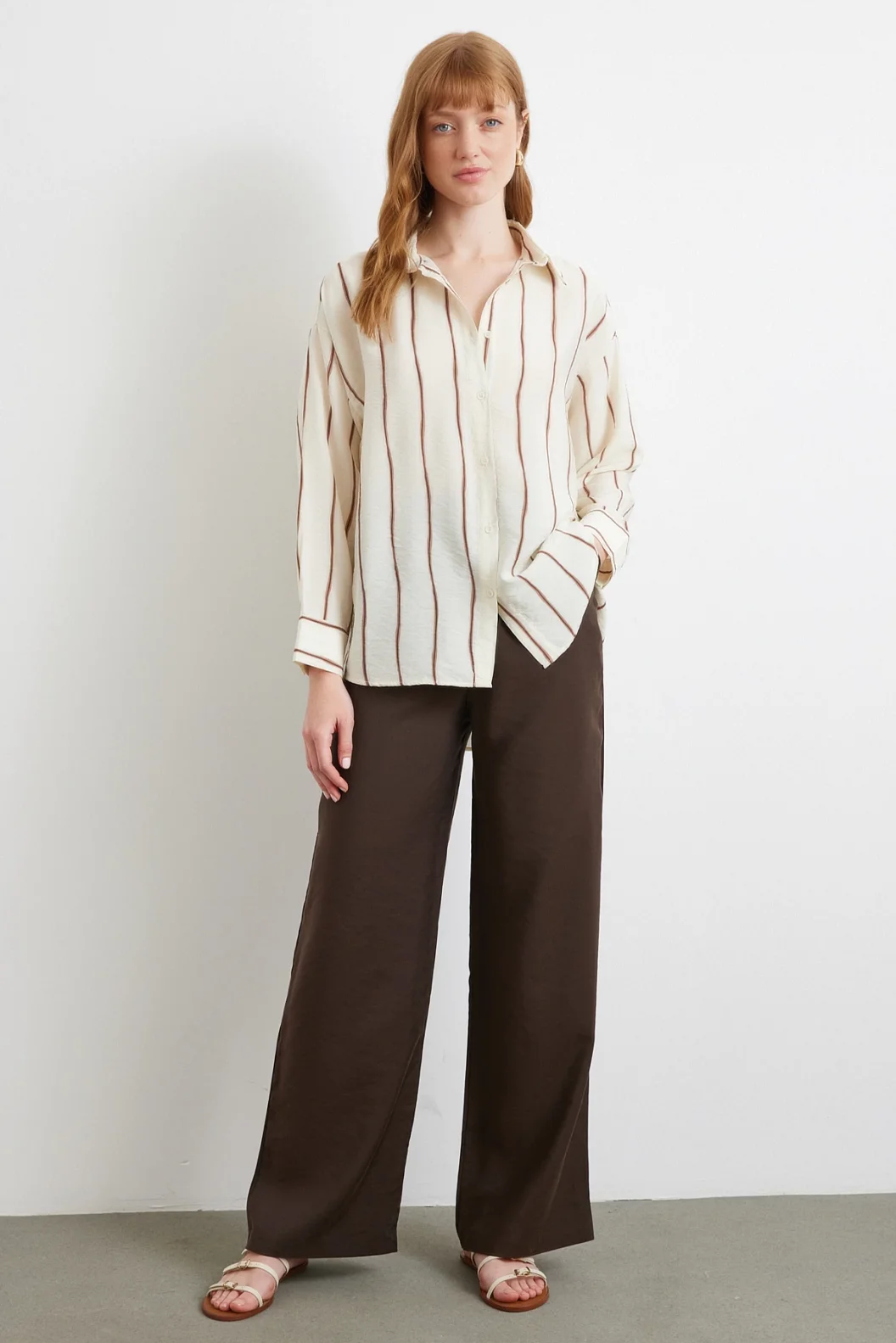 Çizgili Modal Gömlek Kahve