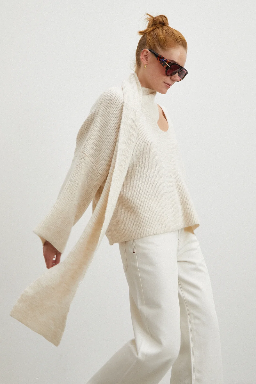 Fitilli Şal Yaka Kazak Ekru