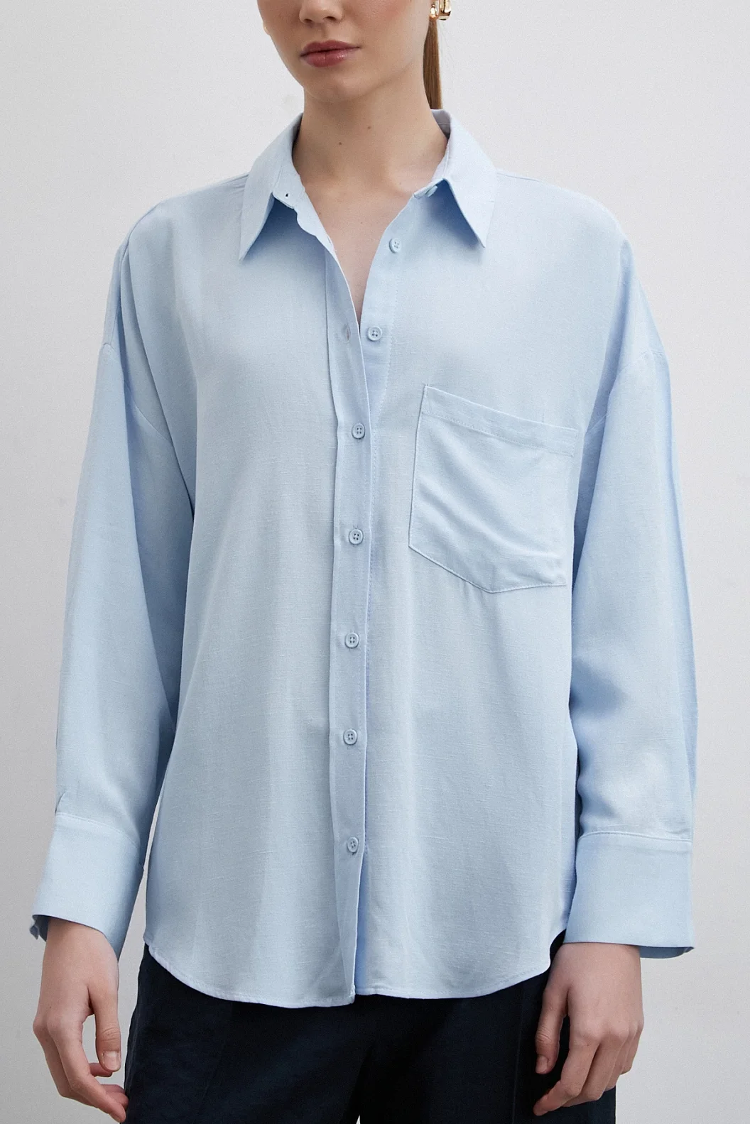 Keten Görünümlüı Linen Prunes Gömlek Mavi