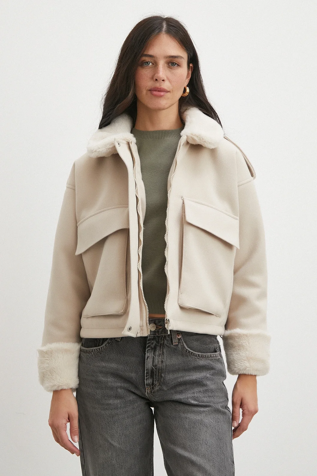 Apoletli Yünlü Körük Cepli Kaşe Mont Bej