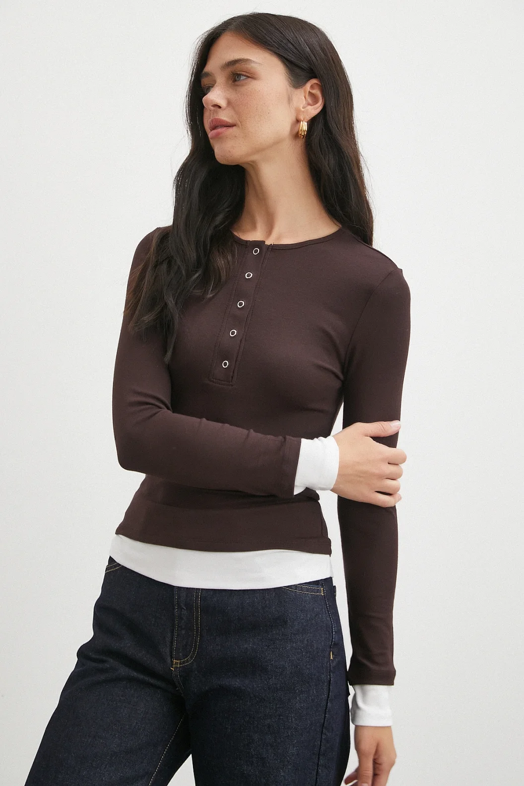 Garnili Çıtçıtlı Bluz Kahve